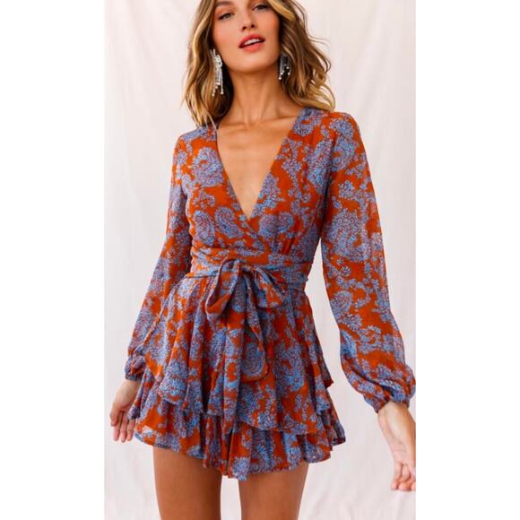Flirty long sleeve brown romper w/blue botanical print size 2X no tag - Picture 1 of 8